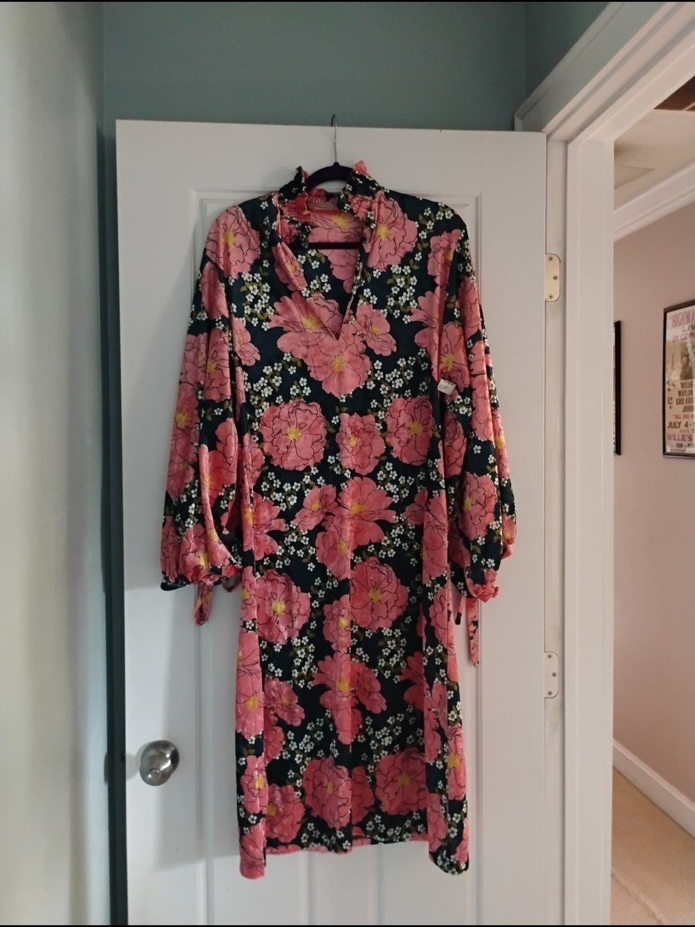 Zara Pink Floral Midi Balloon Sleeve Velvet dress